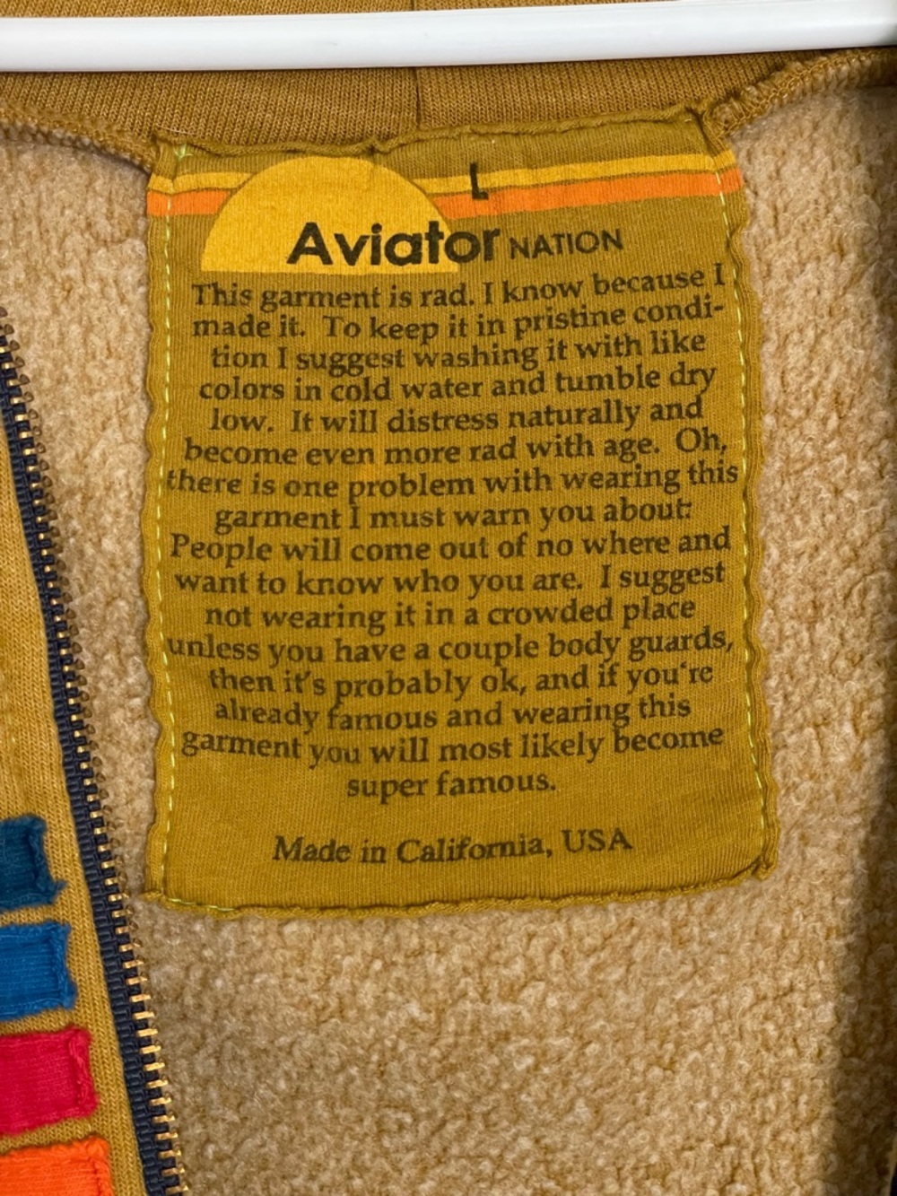 Aviator Nation 5 Striped Hoodie Sz L Mustard Yellow Full Zip Pockets Jacket - Picture 6 of 10
